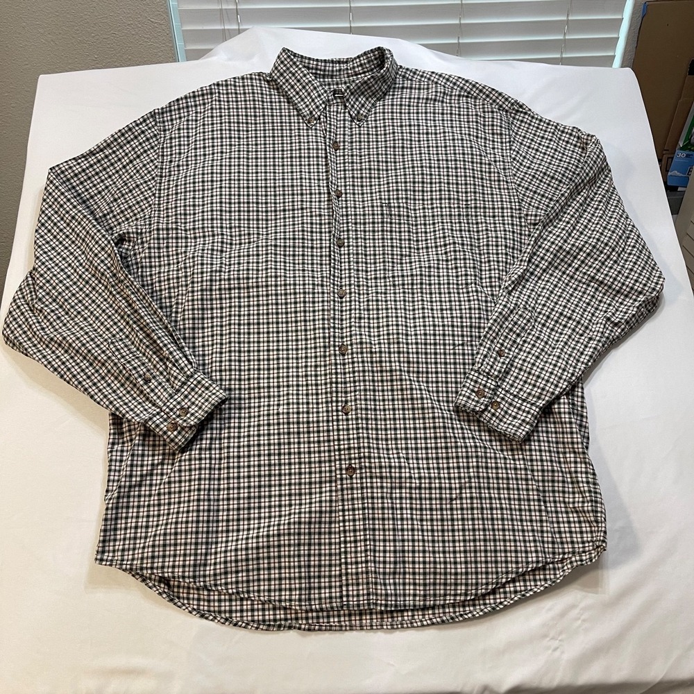 VINTAGE Eddie Bauer Mens XL Tall Button Shirt Green Brown Cotton Long Sleeve